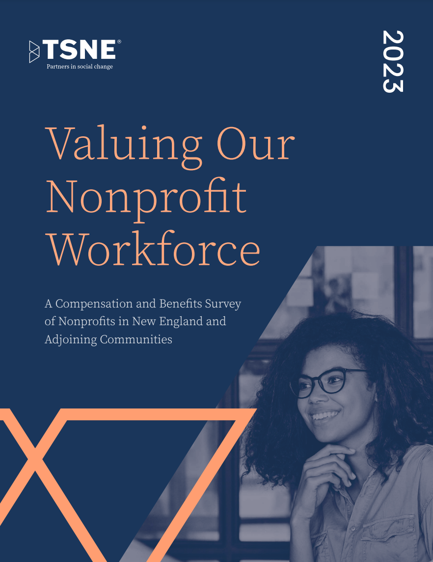 A blue and orange cover report cover with a curly-haired woman smiling in the corner.